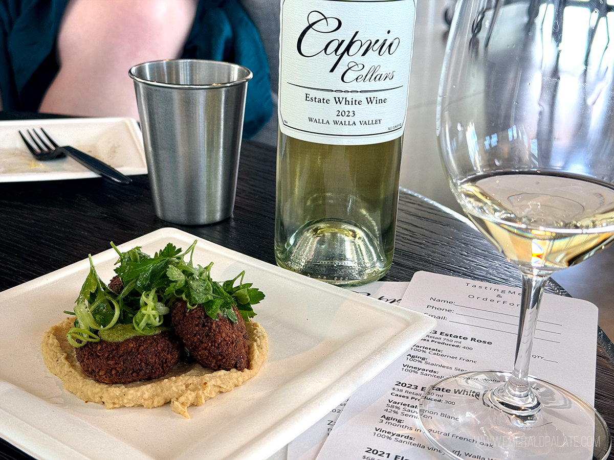 falafel over hummus and wine from Caprio Cellars