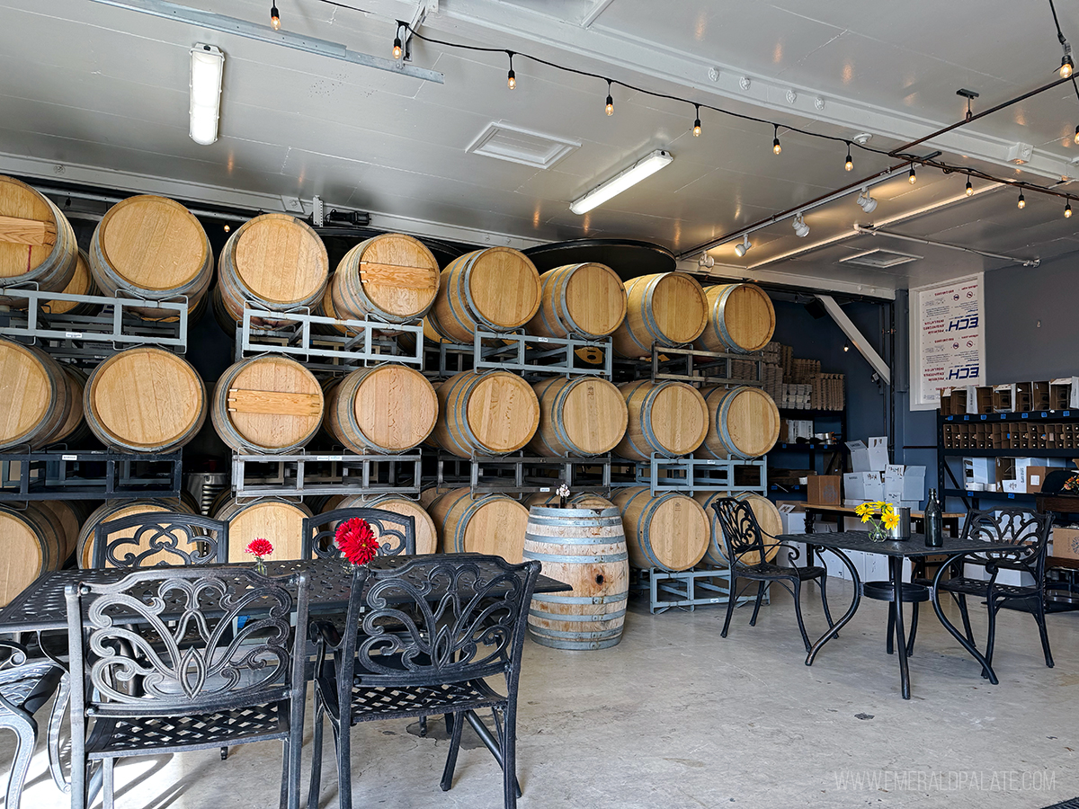 winery production facility lined with barrels