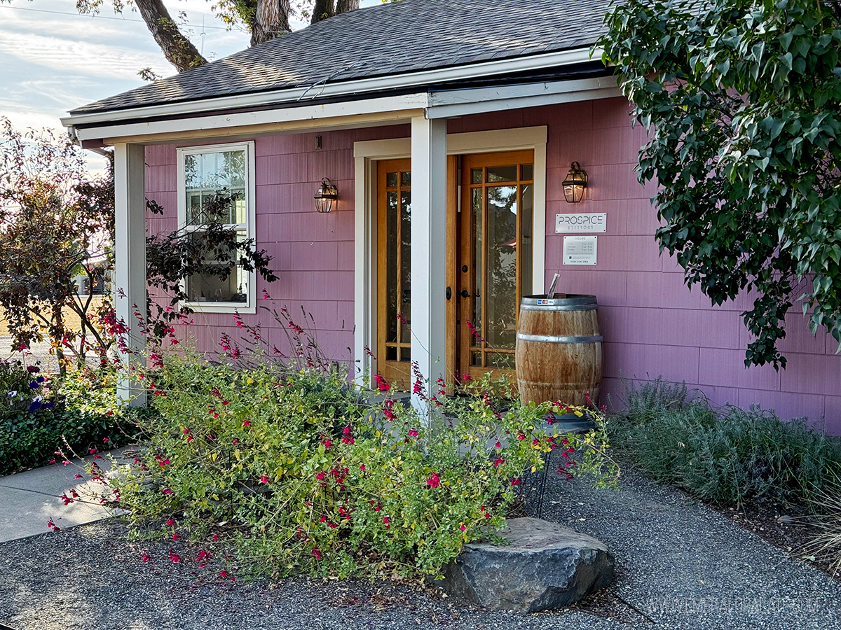 cute pink exterior of the Prospice Wines tasting room in Walla Walla