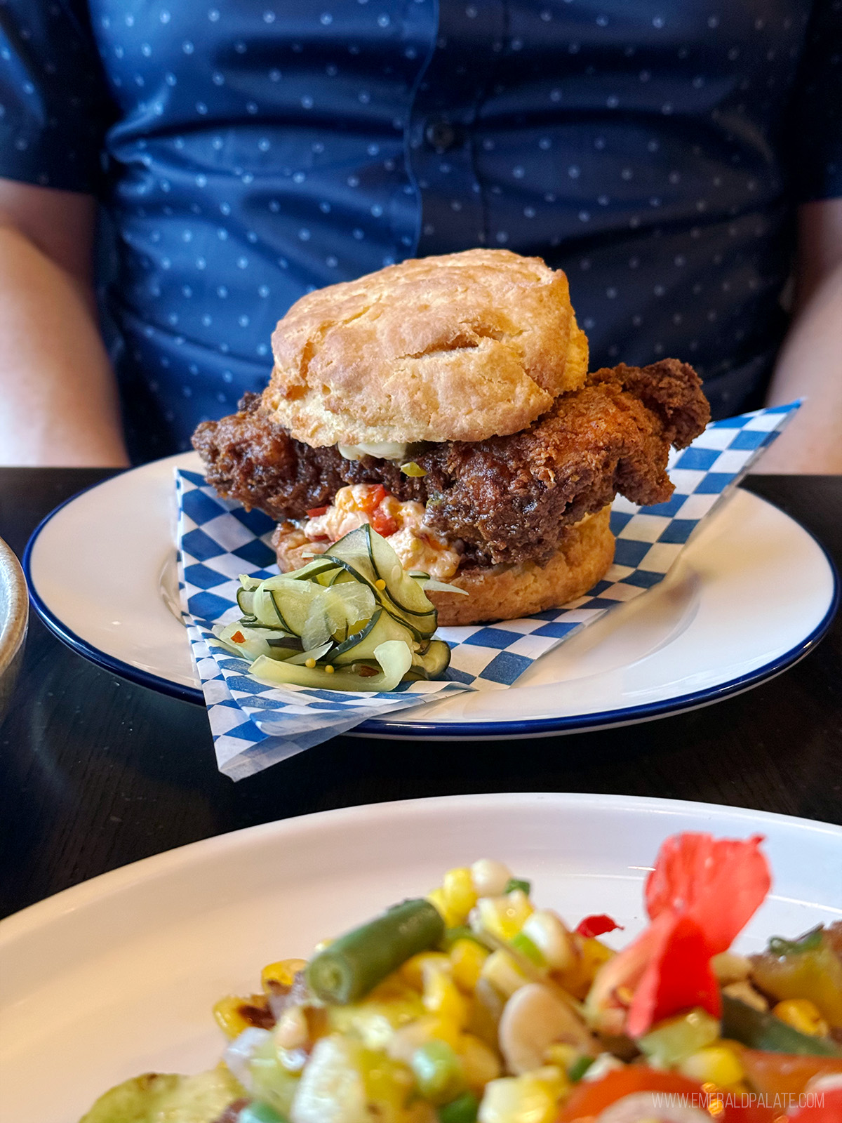 fried chicken sandwich on a biscuit