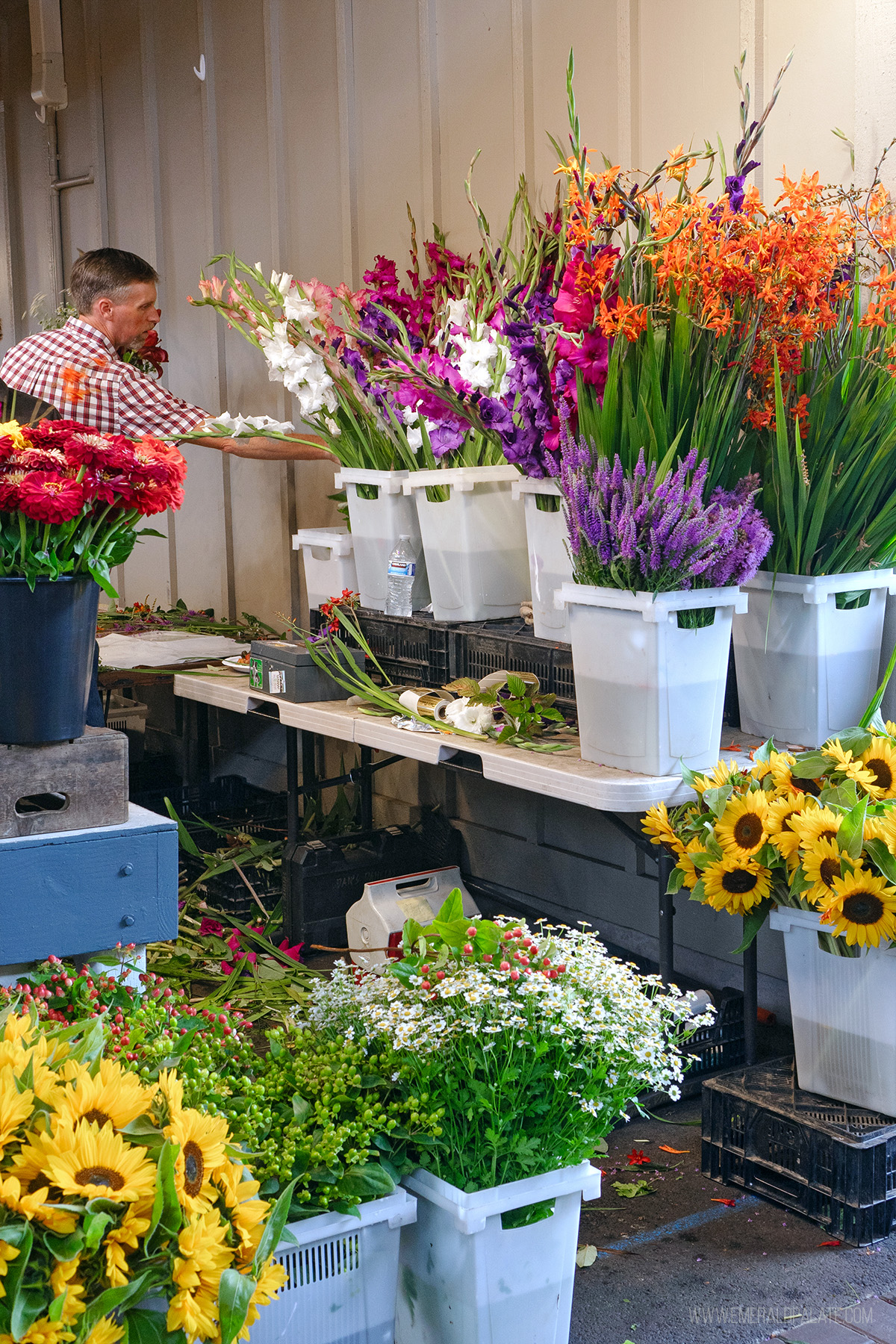 man making a bouquet at a farmers market stall