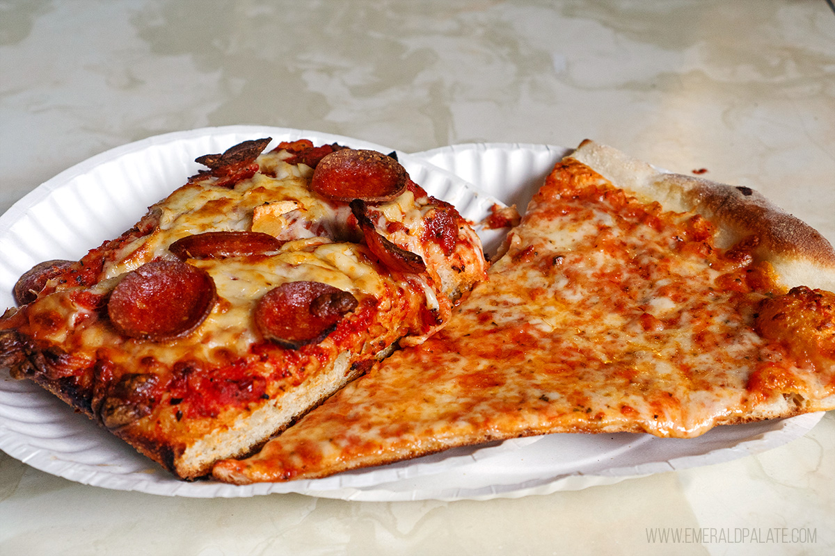 Slice of cheese NY style pie and pepperoni Sicilian pie