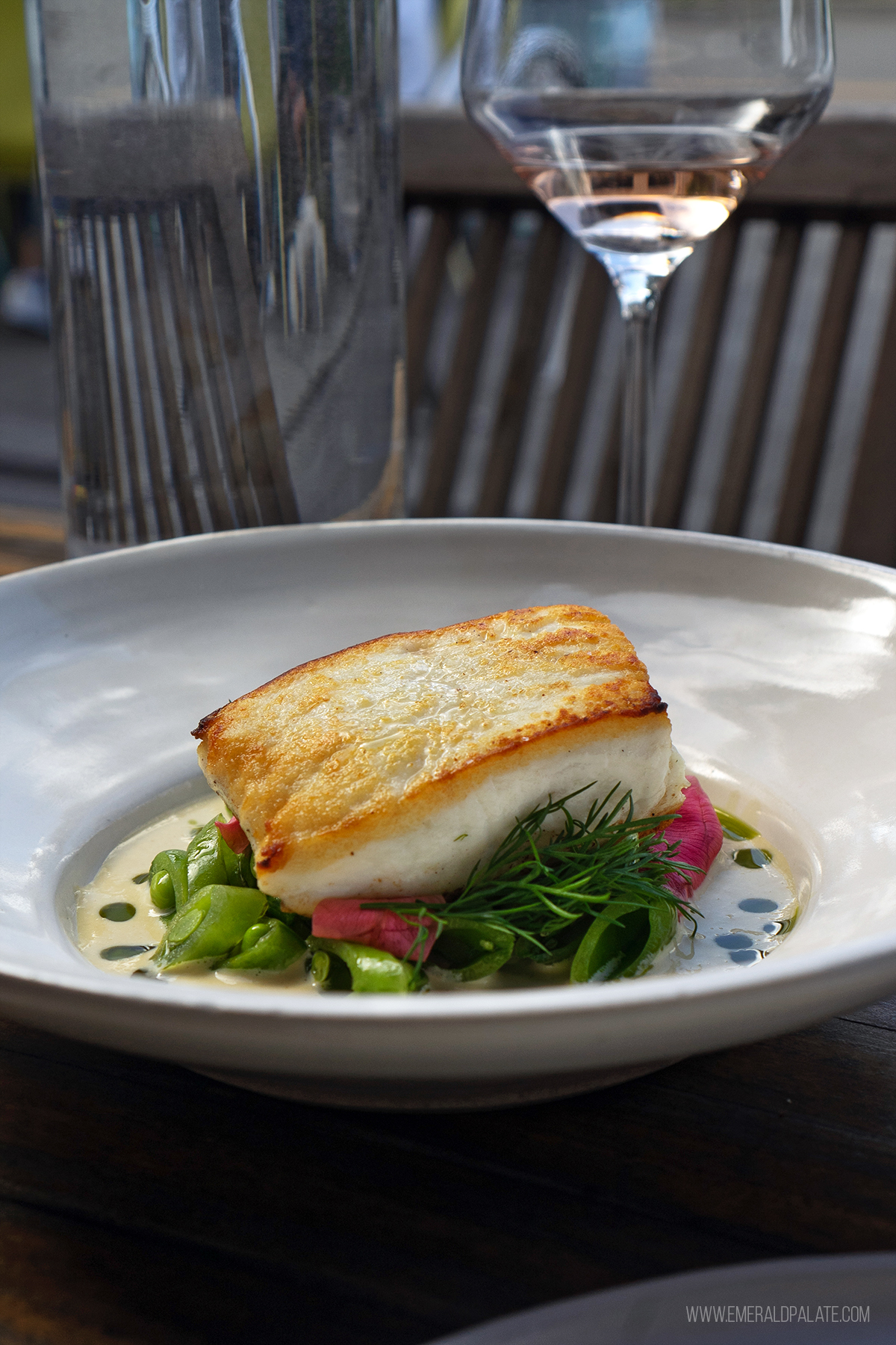 halibut on top of snap peas at one of the best Bainbridge Island restaurants