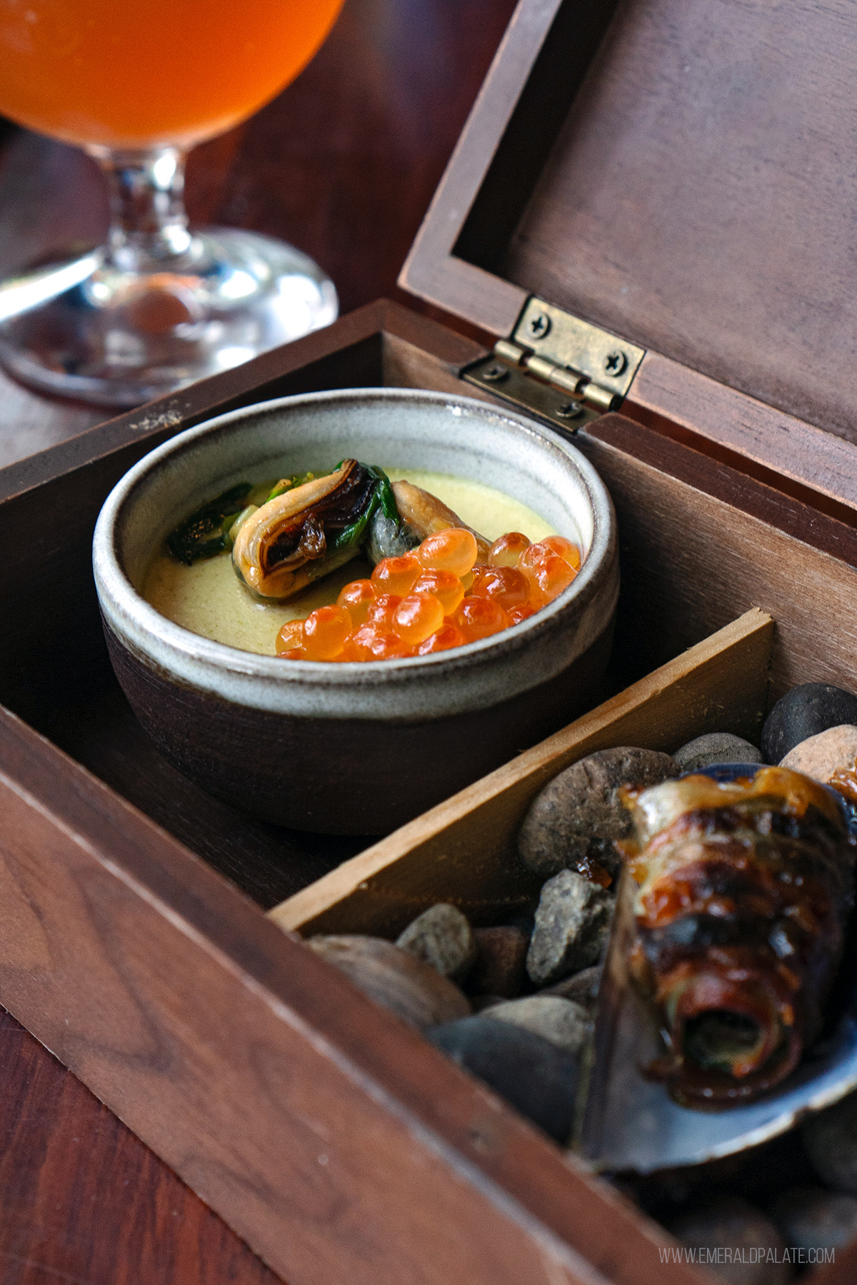 mussel and caviar custard from a fine dining spot in Seattle