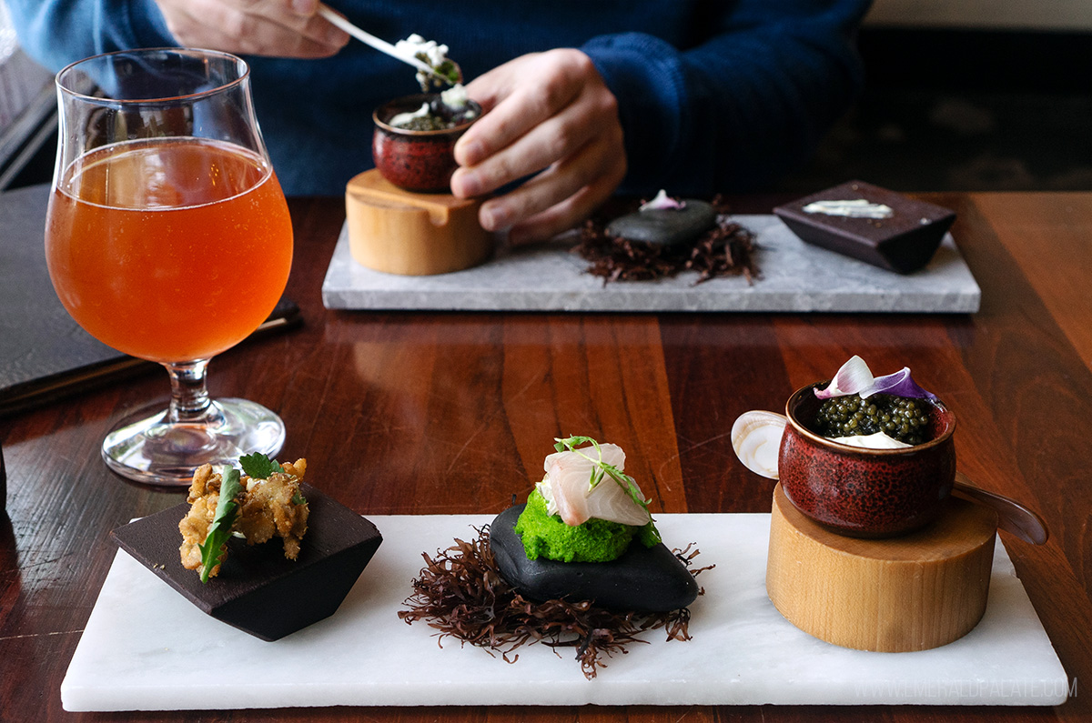 array of 3 tasting menu items from a fancy Seattle restaurant