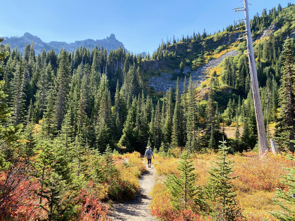 woman walking on Mt Rainier hike trail with fall colors | Best Road Trips from Seattle