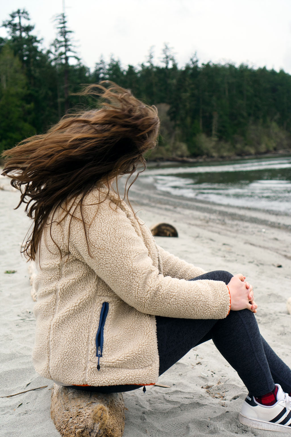woman's hair blowing in the wind at Odlin County Park beach on Lopez Island