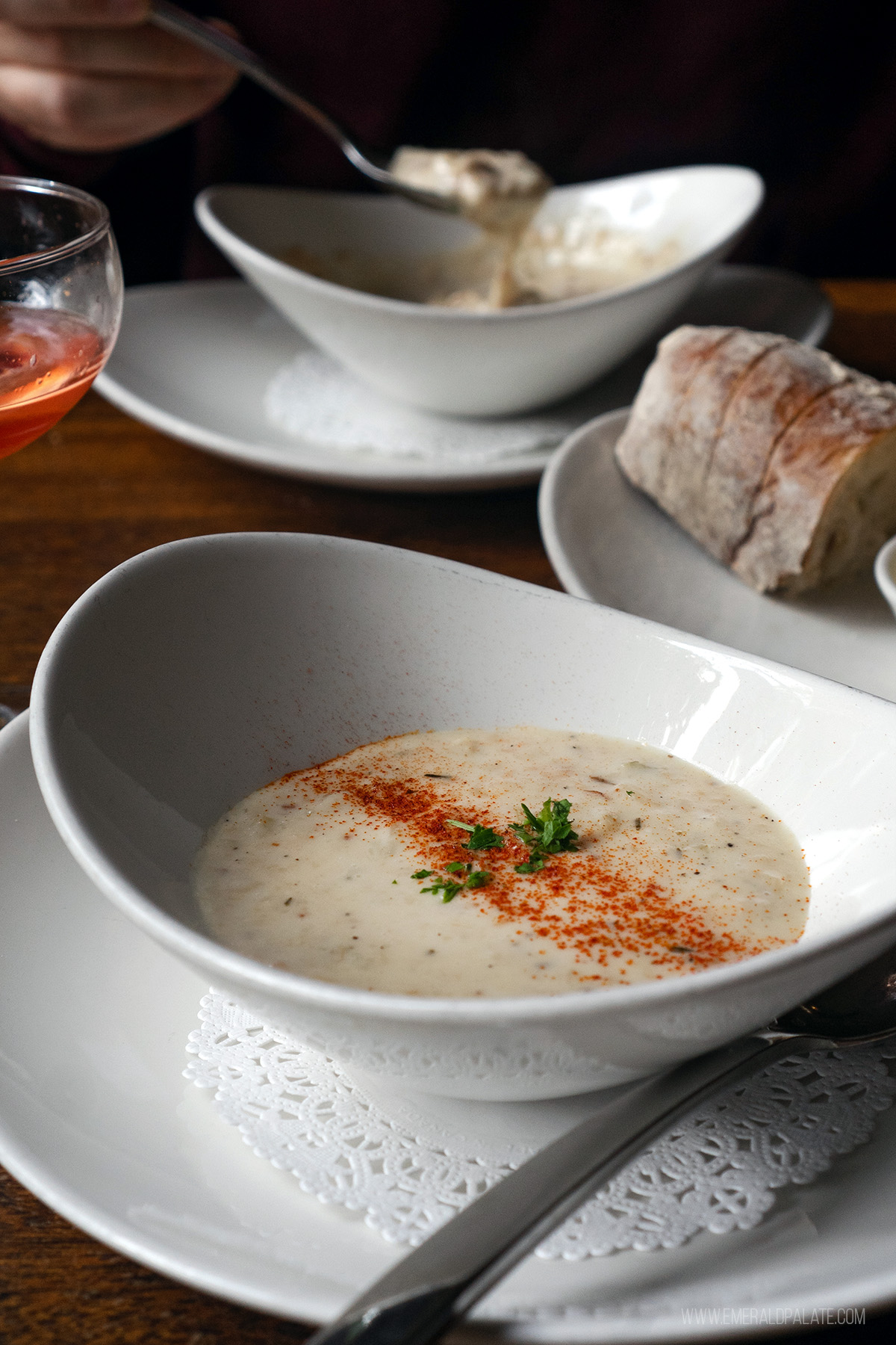 bowl of Seattle clam chowder with paprika garnish