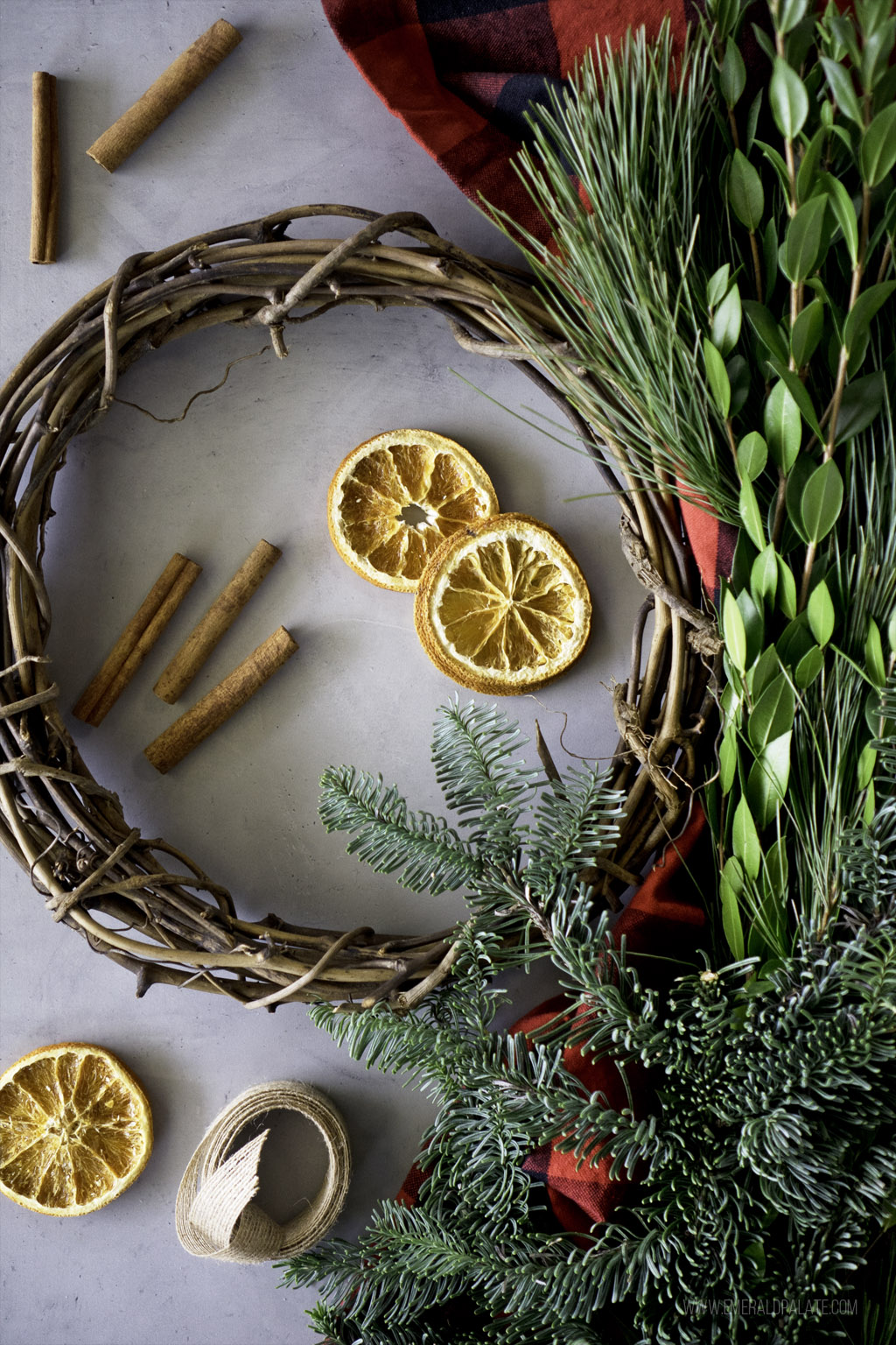 holiday wreath being assembled