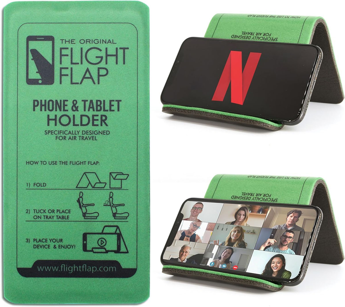 A green IPhone holder for riding in airplanes