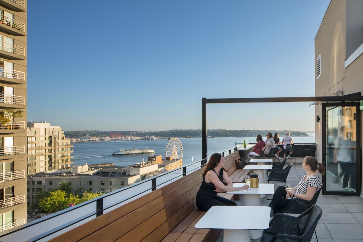 Rooftop terrace of The State Hotel in Seattle overlooking the Puget Sound