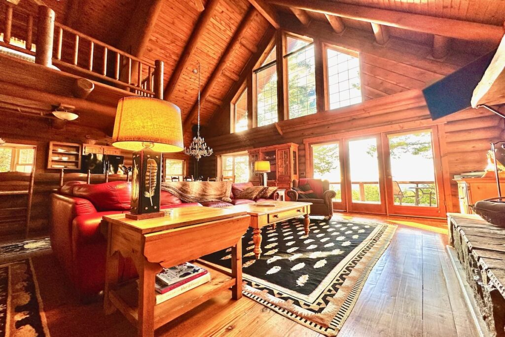 Living room of large log cabin on Orcas Island