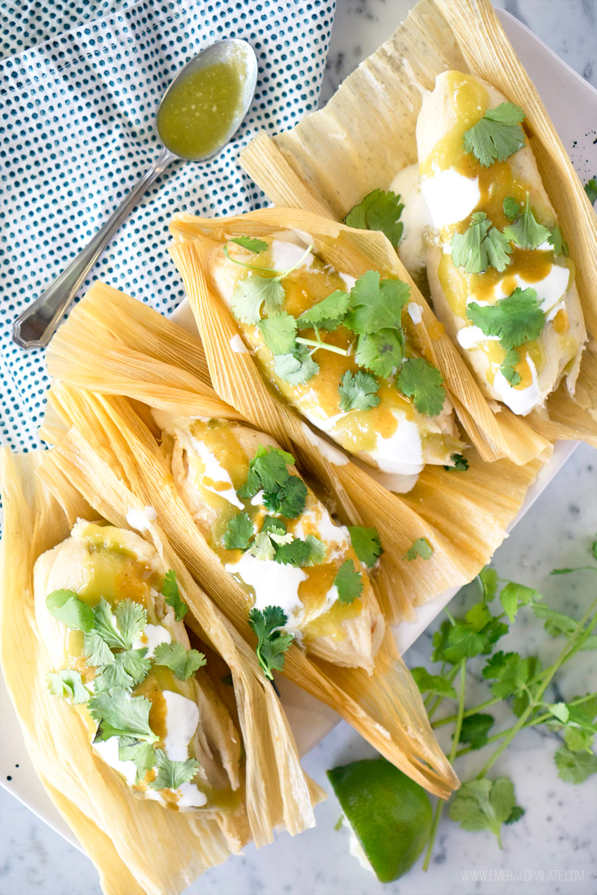 plate of 4 tamales open and covered in salsa, crema, and cilantro