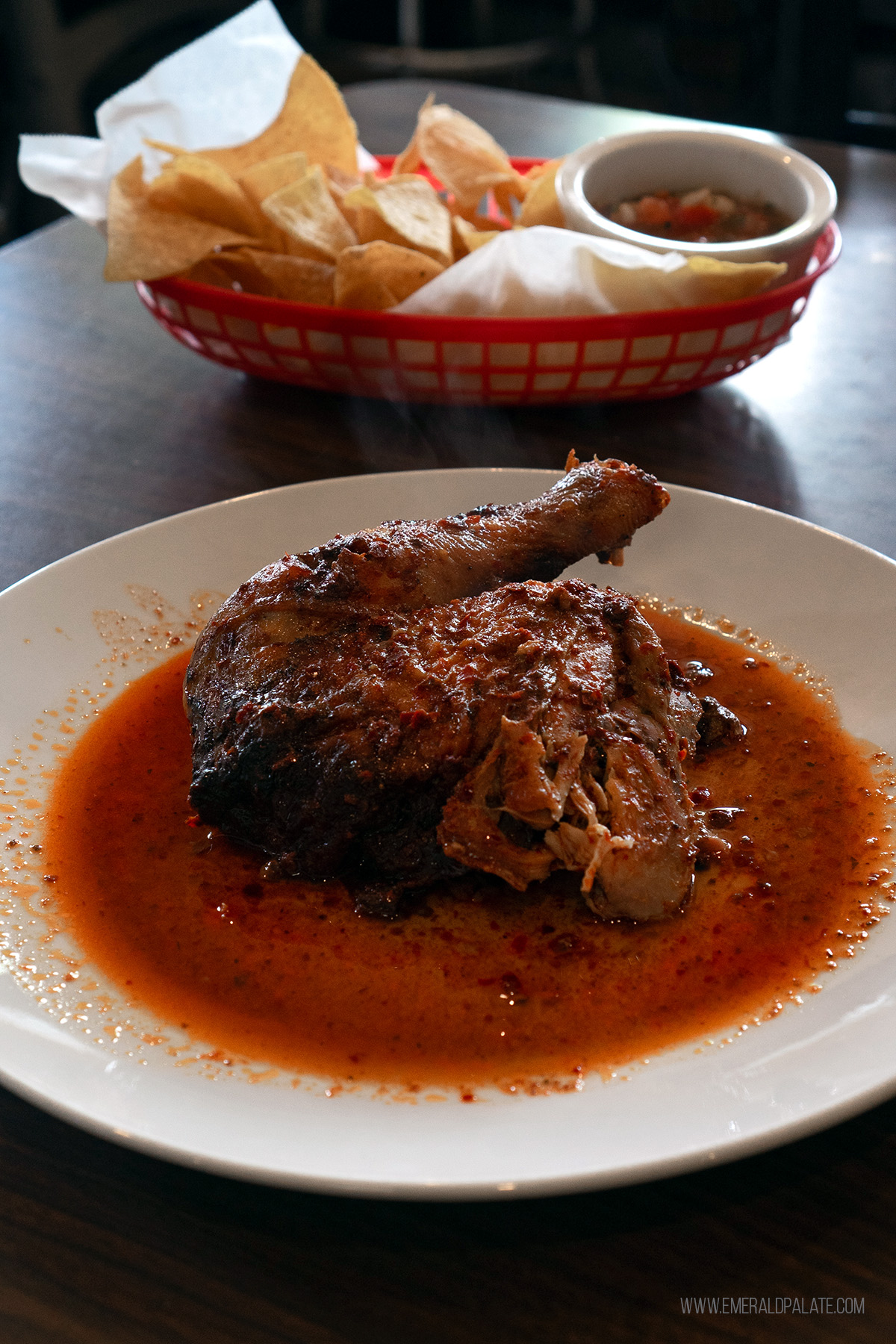 roast chicken in red sauce and tortilla chips with salsa