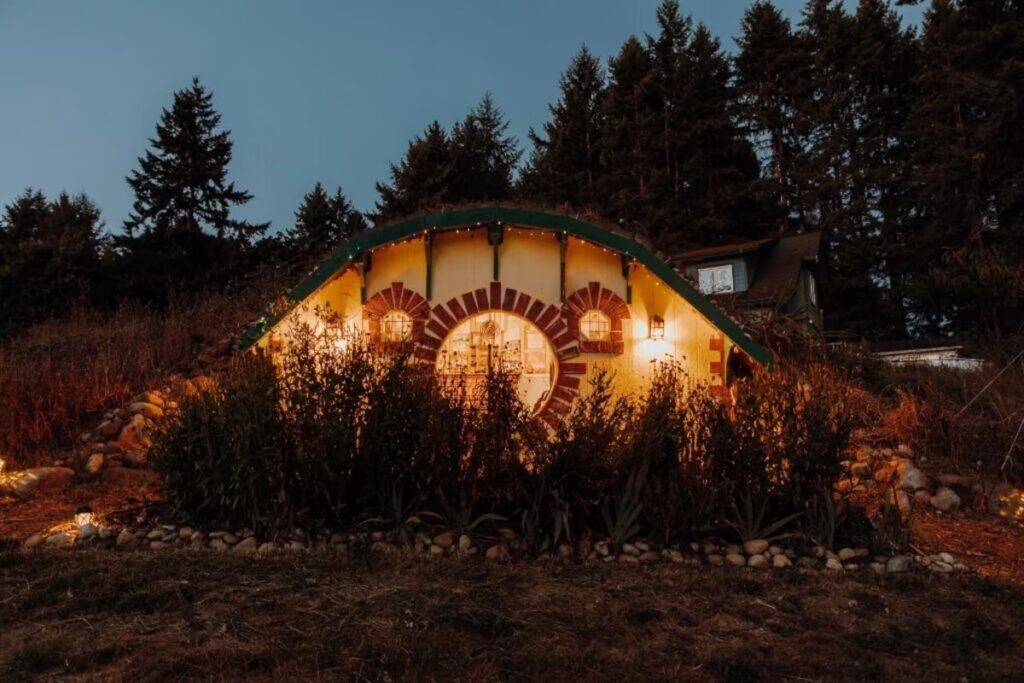 View of the Cozy Hobbit House in the evening on Bainbridge Island