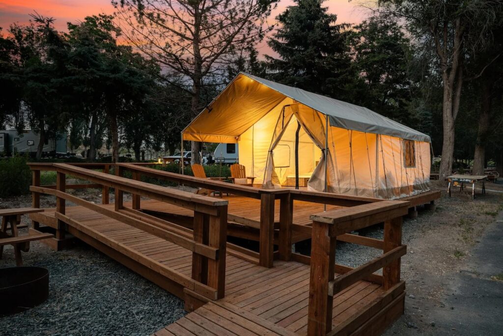 The view from outside the Lakeview Bliss Glamping Tent, one of the best glamping spots in Washington