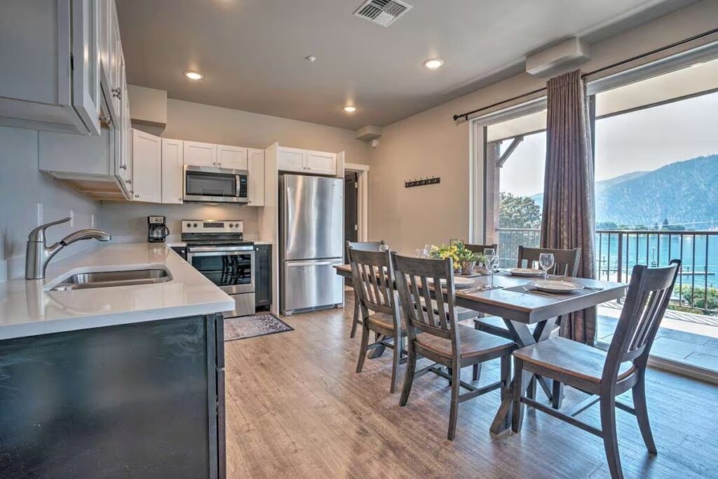 The kitchen in a modern condo overlooking Lake Chelan