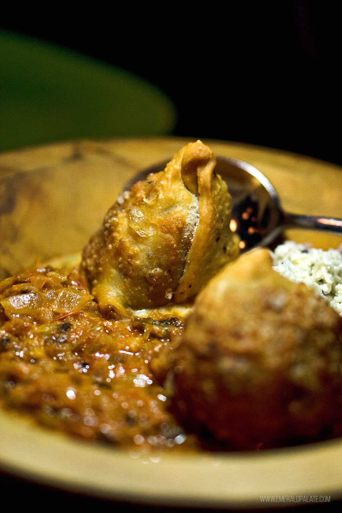 close up of an Indian samosa from one of the hidden gem restaurants in Vancouver BC