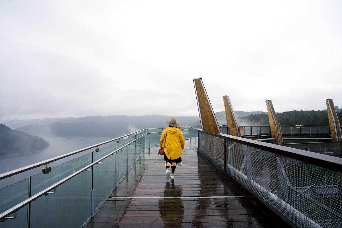 woman walking on the top of the Malahat Skywalk, one of the best things to do in Cowichan Valley BC