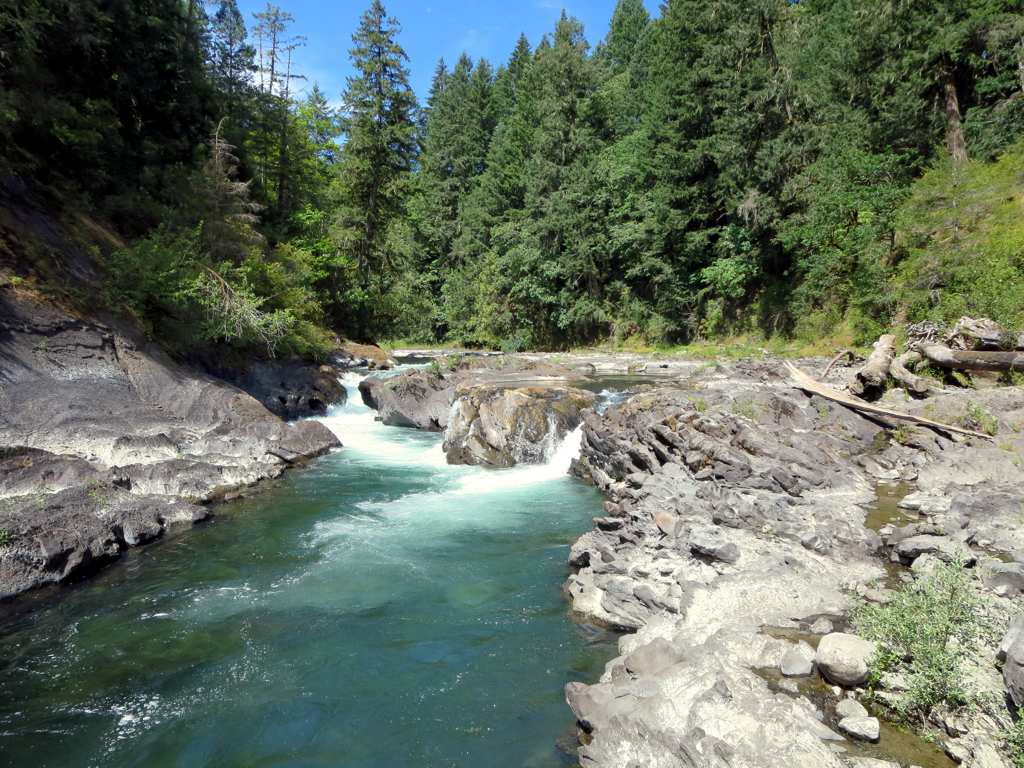 The Cowichan River rushes through Marie Canyon in Cowichan River Provincial Park on Vancouver Island, Canada. 