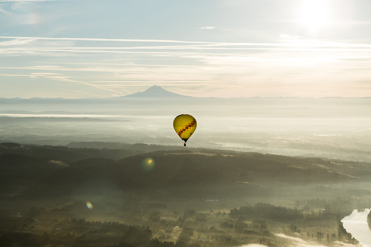 hot air balloon with Mt Hood in the background