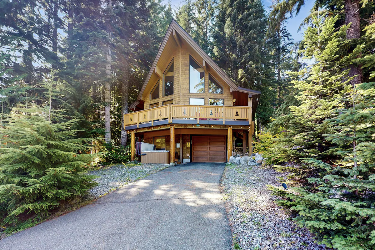 a-frame log cabin at a Washington ski resort