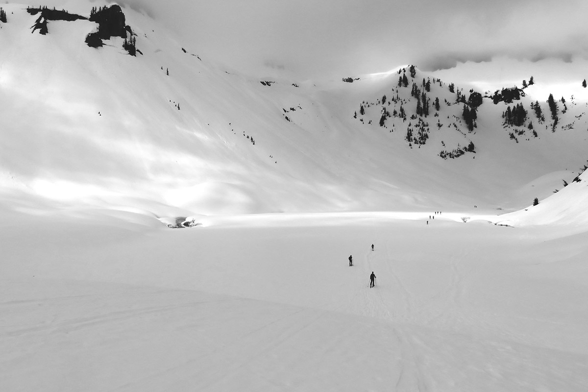 Skiers traversing backcountry skiing at Mt. Baker Ski Area in Washington