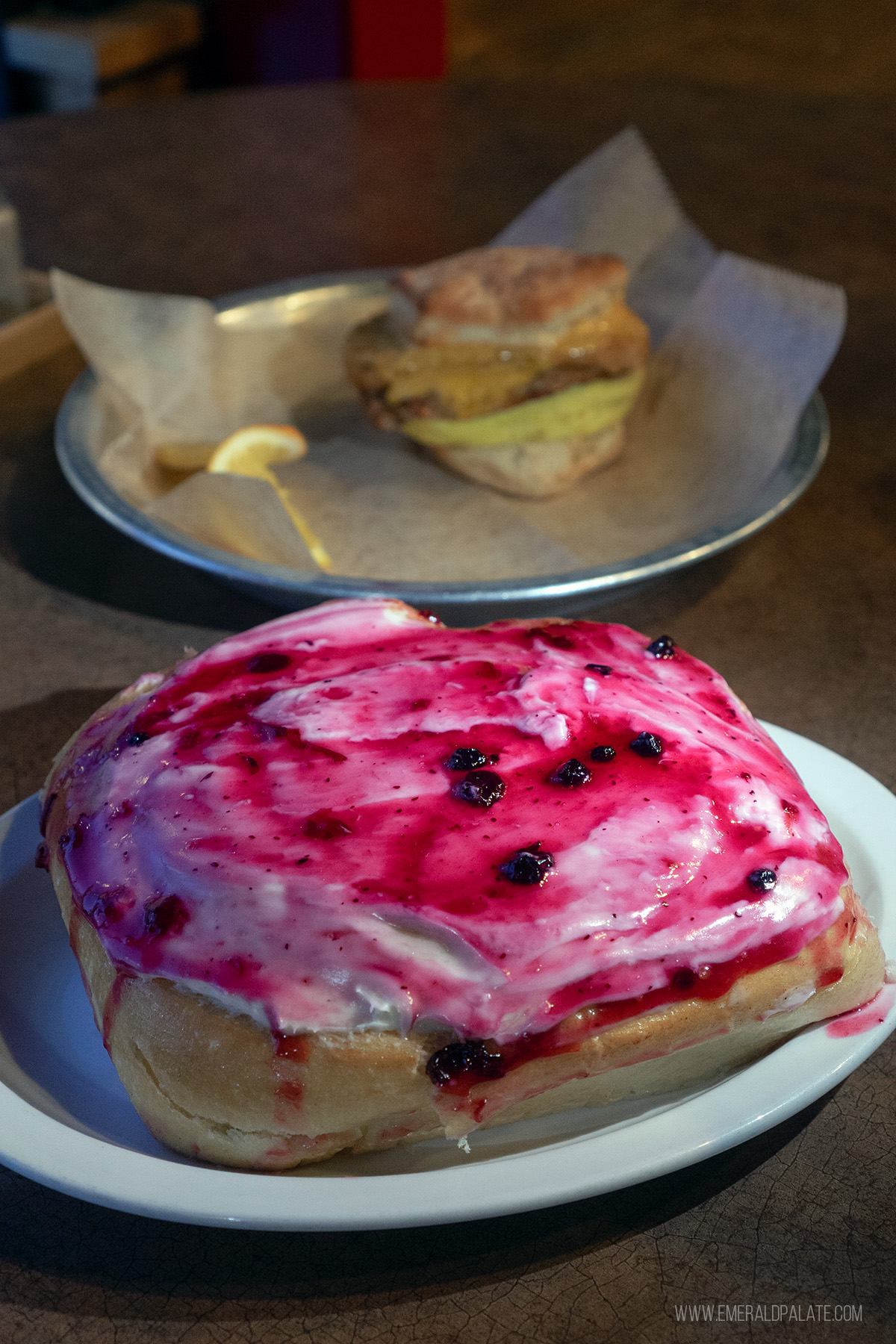 huge cinnamon roll with huckleberry icing from a Kalispell Montana