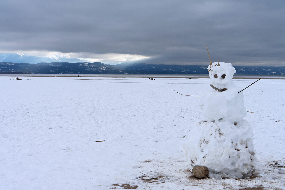 snowman on a beach in winter in Kalispell Montana