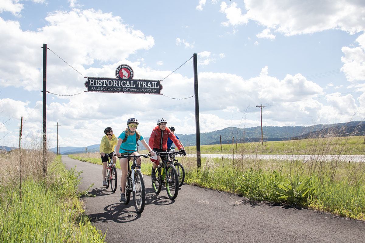 People biking along Rails to Trails in Kalispell Montana